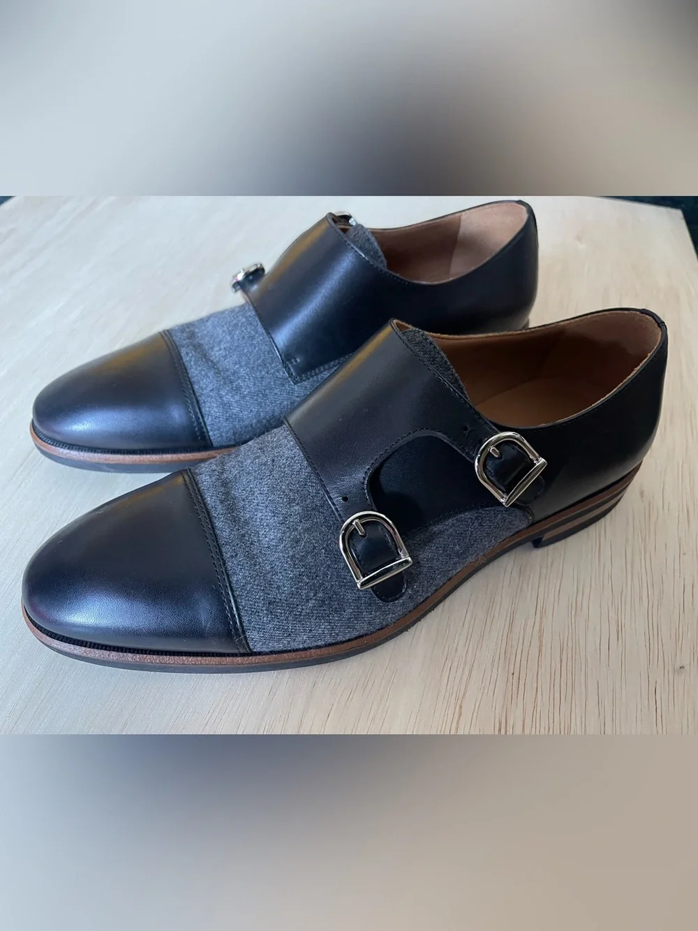 TAFT Double Monk Strap Leather & Wool Dress Shoes Men’s EU 40 / US 7 Gray Black